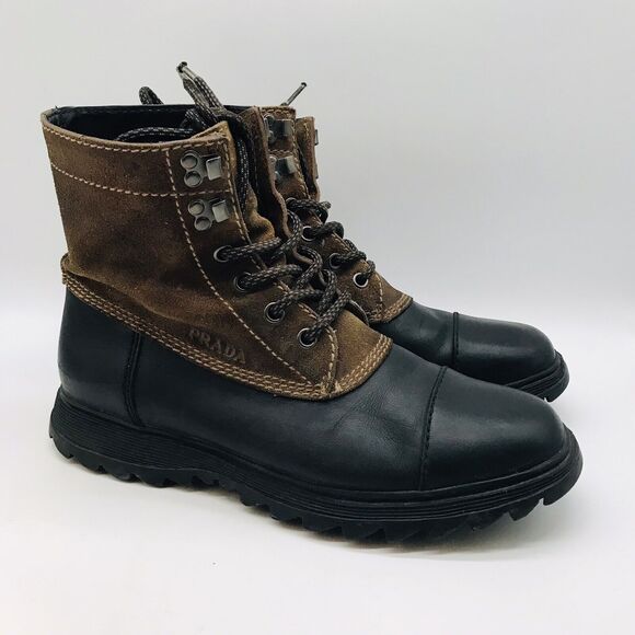PRADA SPORT Men's size US 9.5 Brown Black Leather  Lace Up Mountain Boots 4T2307 - Picture 1 of 11